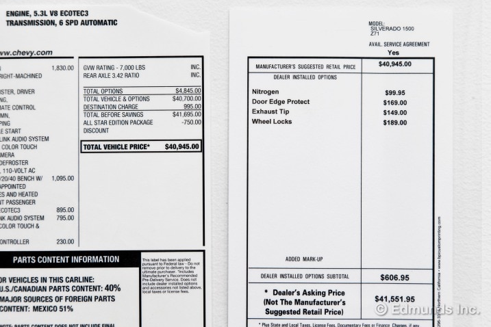 This supplemental sticker added $607 for options such as a nitrogen fill for the tires, wheel locks and an exhaust tip.