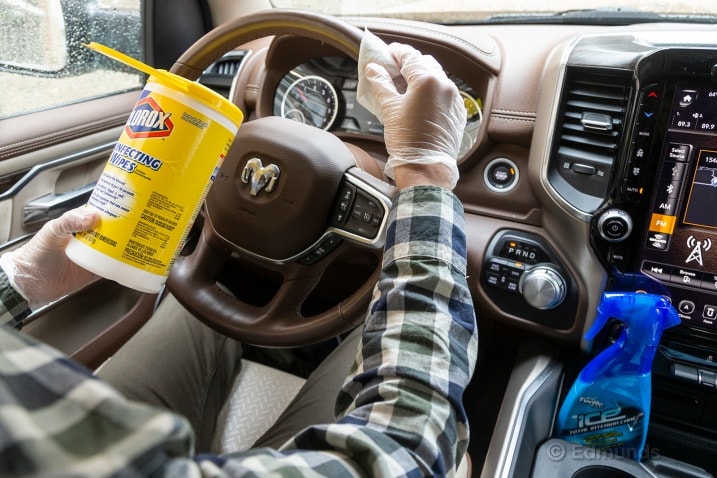 Use disinfecting wipes on commonly touched areas such as the steering wheel, door handles, window switches and infotainment screens. Just make sure to check the label to make sure it won't harm the surfaces.