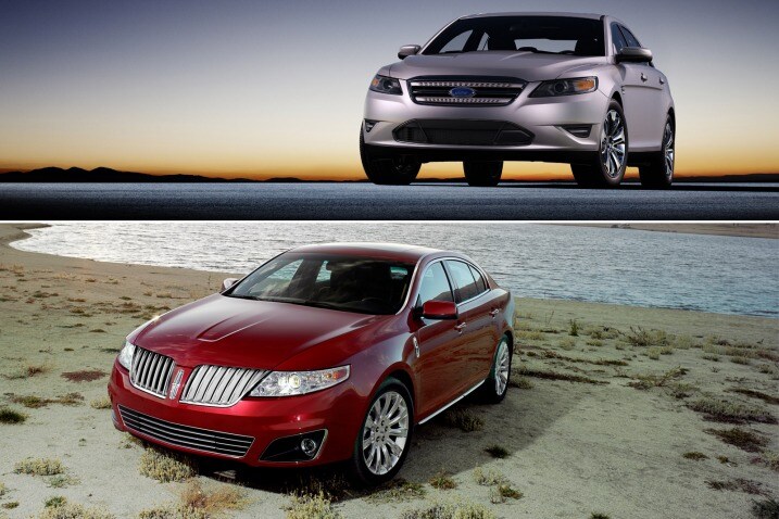 The non-luxury full-size Ford Taurus and its luxury cousin, the Lincoln MKS.