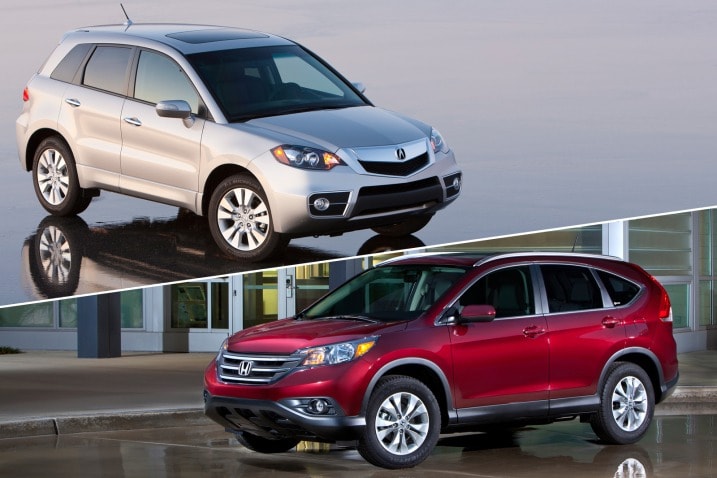 The luxury crossover Acura RDX and its non-luxury crossover cousin, the Honda CR-V.