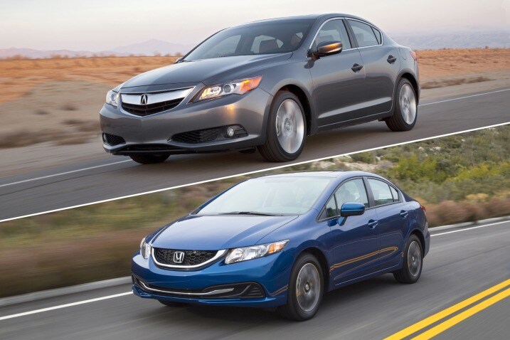 The luxury compact sedan Acura ILX and its non-luxury cousin, the Honda Civic.