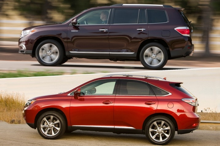The non-luxury midsize Toyota Highlander SUV and its luxury cousin, the Lexus RX 350.